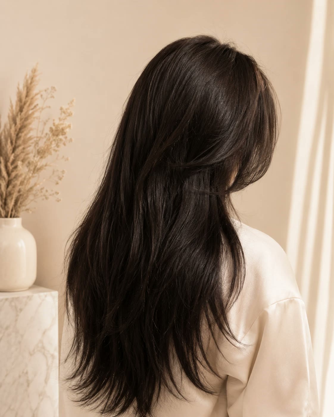 Long, layered darkest-brown hair